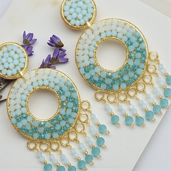 🆕Boho Chic Colombian Handmade Crystal Beaded Gold Plated Statement Earrings - Picture 11 of 11